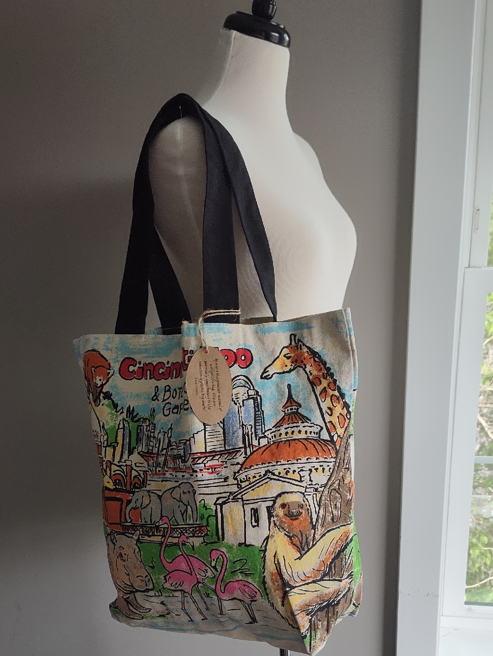 Cincinnati Zoo Large Illustrated  Multicolor Canvas Tote Bag With Black Straps